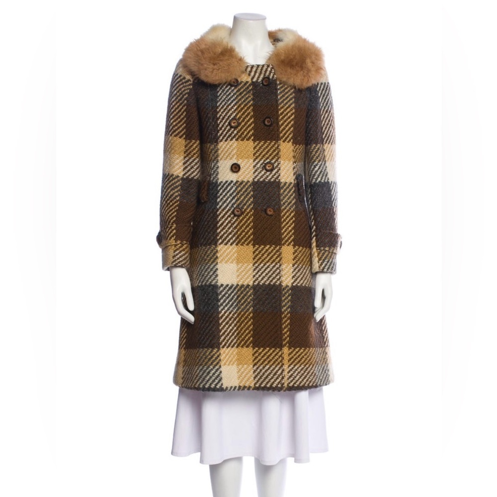 Plaid Double-Breasted Coat with Faux Fur Collar Vintage medium to large
